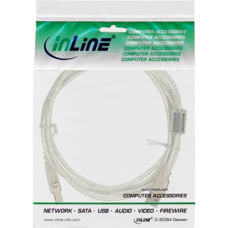 InLine® USB 2.0 kabel, A i B, prozirni, s feritnom jezgrom, Dužina kabela, 0,5-5m - Slika 2