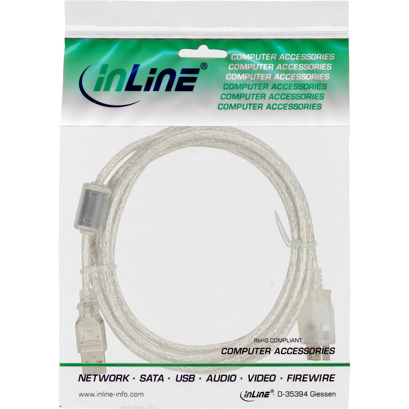 InLine® USB 2.0 produžni kabel tipa A s feritnom jezgrom, prozirni, Dužina, 0,5-5m - Slika 2